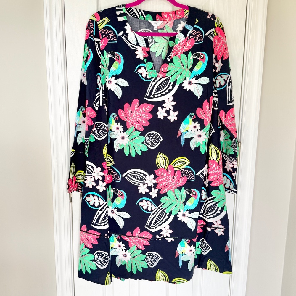 Crown & Ivy Split Neck Tunic Shift Dress in Navy Multi Tropical Size 1X